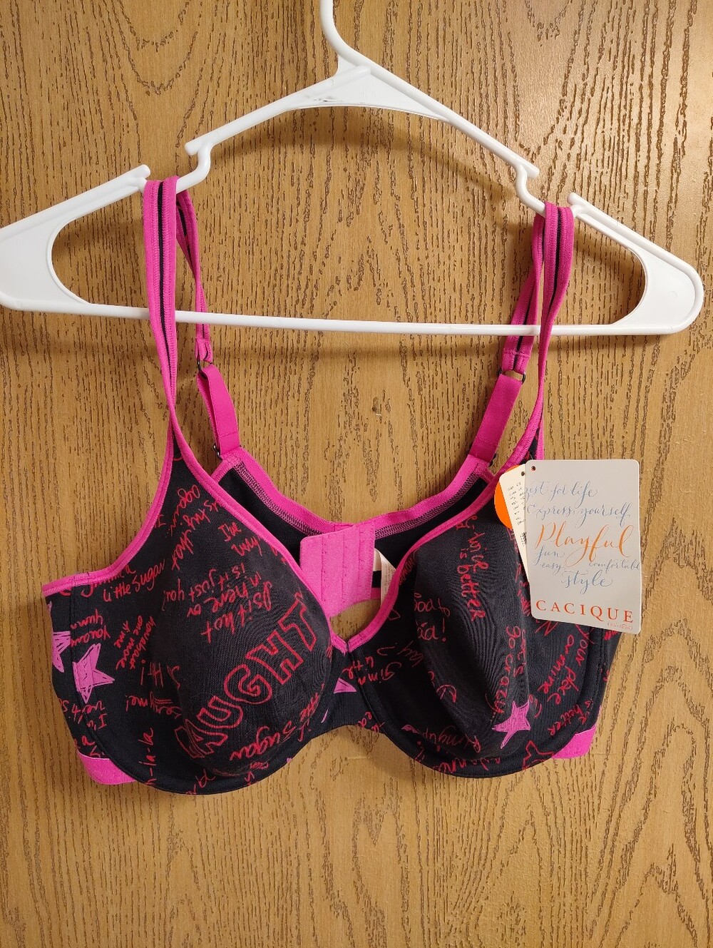 Cacique Black & Hot Pink Underwire Bra with Script Print